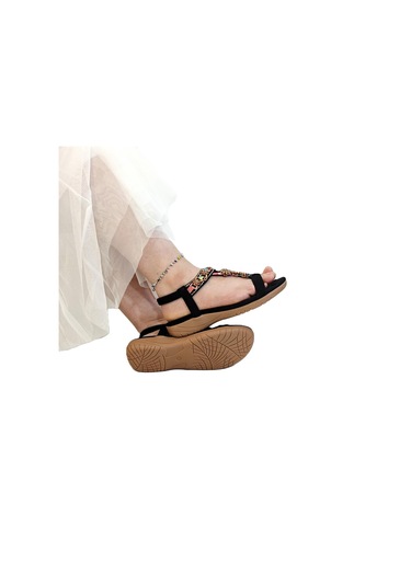 Voyager 9639 Siyah Taban Masajlı Taş İşlemeli Bayan Sandalet Siyah