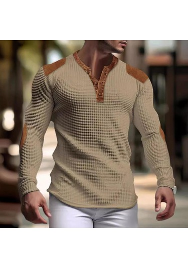 3d Nefes Alabilir Erkek Günlük Sweatshirt Sonbahar V Yaka Düğmeli Üst Moda Erkek Tişörtü Haki