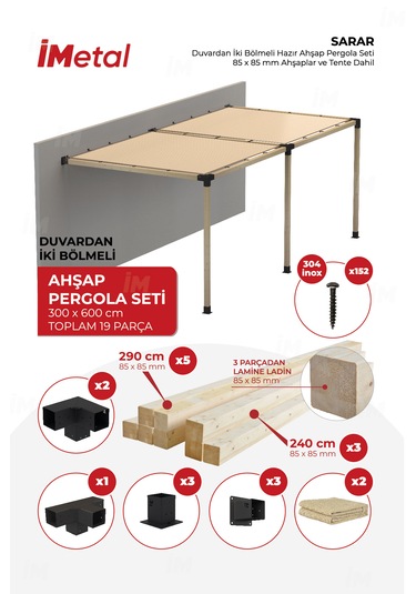 Sarar Duvardan İki Bölümlü Pergola Seti Ahşaplar Ve Tente Dahil