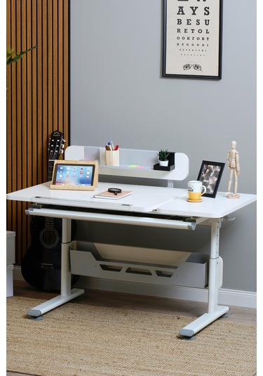 Vega Standart Yükseklik Ve Eğim Ayarlı, Çekmeceli Modern Bilgisayar, Ofis Ve Çalışma Masası Gri Gri