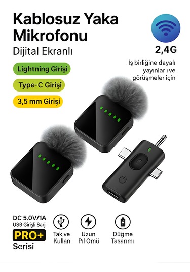 Lightining Type-c 3.5mm Uyumlu Dijital Ekranlı 2.4g Kablosuz Çift Yaka Mikrofonu Pro++