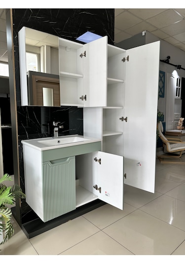 Banyo Dolabı Aynalı Cnc İşlemeli Membran Kapaklı 65 Cm Yeşil