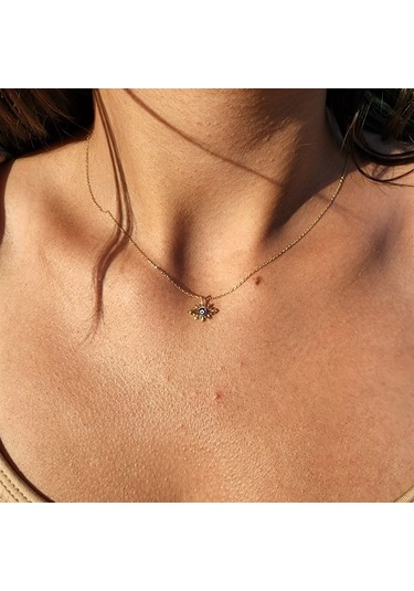 Tasarım Kirpik Nazar Boncuğu Lacivert Mineli Tasarım Stil Modern 14 Ayar Altın Kolye-altın Kolye