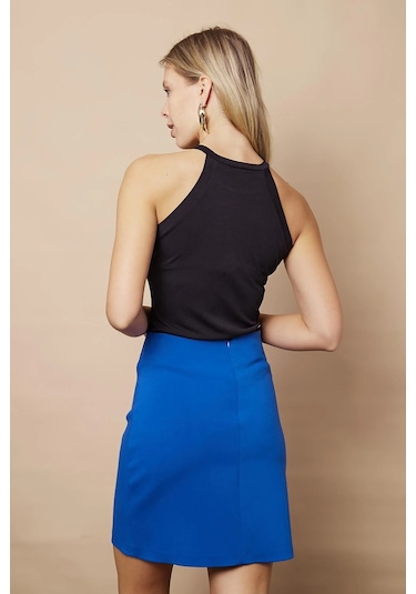 Kadın Arkadan Fermuarlı Düğme Detaylı Hafif Likralı Kumaş Diz Üstü Kalem Etek-saks SAX