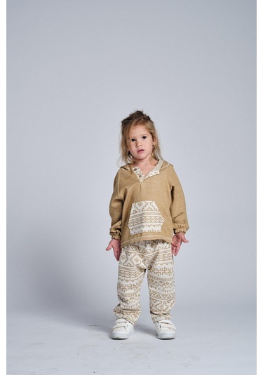 Etnik Desen Kanguru Cepli 2 Li Takım Bej
