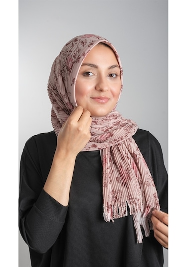 Bej Pratik Hazır Geçmeli Tesettür Eşarp Kesik Elyaf Piliseli Çiçe (553629989) Bej