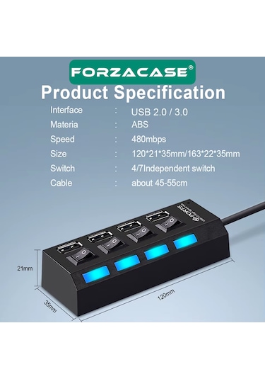 Forzacase FC800 Işıklı Düğmeli 4 Port USB 3.0 Port Çoğaltıcı Hub Switch