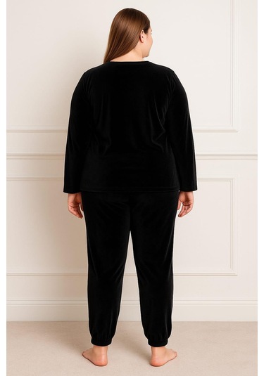 Kadın Büyük Beden 13212 Uzun Kol Pijama Takımı Siyah Siyah