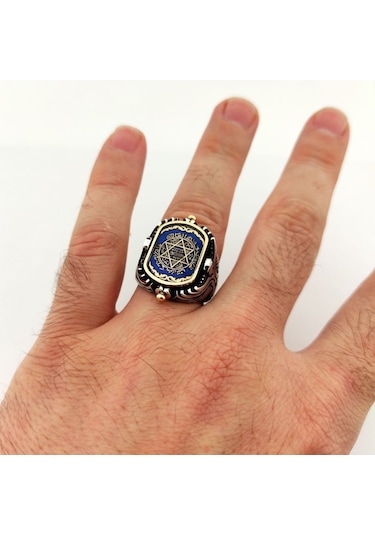 925 Ayar Gümüş Mavi Mineli Çift Taraflı Mührü Süleyman Erkek Yüzük Silver