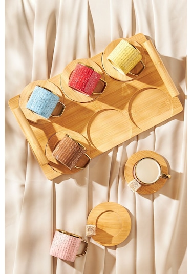 Karaca  Bambu Tepsili 6 Kişilik Renkli Kahve Fincan Takımı 90 ml