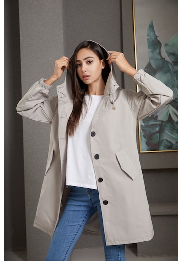 Sonbahar Ve Kışlık Kadın Kapüşonlu Rüzgarlık Günlük Ceket Mavisi