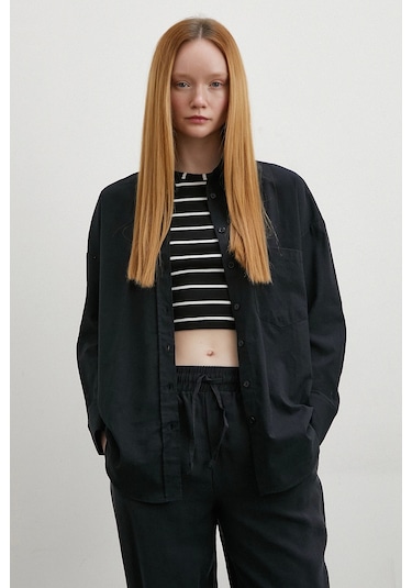 Keten Karışımlı Oversize Gömlek Siyah Siyah