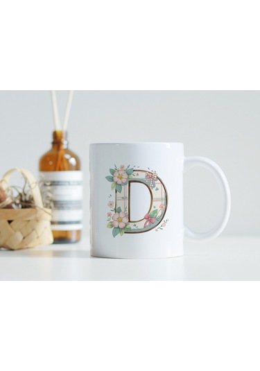 D Harfli Çiçek Desenli Kupa Bardak - Ekose Desenli Yeşil Pembe Desenli Tasarım - Kişiye Özel Hediye Beyaz