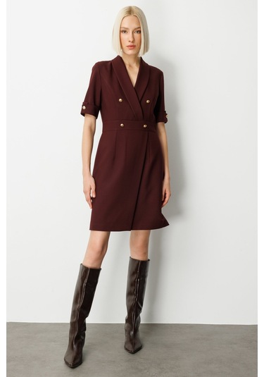 Ekol Kadın Kruvaze Yaka Süs Düğmeli Elbise 4017 Bordo Bordo