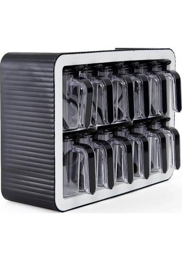 12'li Baharatlık Takımı Standlı Kendinden Yapışkanlı Kaşıklı Ve Kapaklı Baharatlık Seti Antrasit