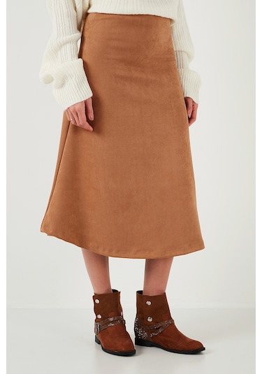 Lela Streç Regular Fit Yüksek Bel Midi Boy Süet Çan Bayan Etek 5866180 Vizon