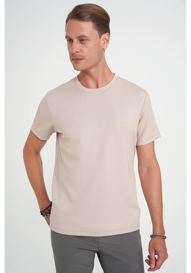 Comfort Fit Bisiklet Yaka Esnek Pamuk Casual Bej Tişört Ts 885 Bej