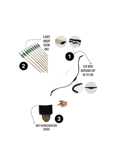 Geleneksel Okçuluk Başlangıç Seti - Elif Yay Kaplamalı + 3 Ok + Zihgir
