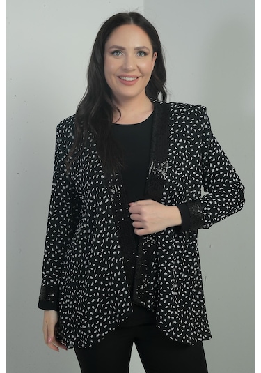 Kadın Uzun Kollu Bluz Önü Kol Uçları Pulpayet Puantiyeli Şifon Ceket Büyük Beden 2'li Takım-40890 Siyah