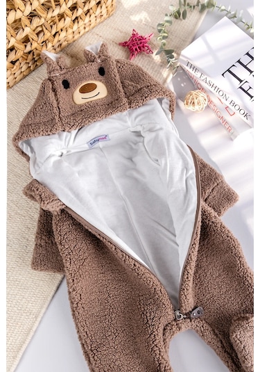 Babymod Kapüşonlu Welsoft Peluş Kışlık Kız/erkek Bebek Tulum Kahverengi