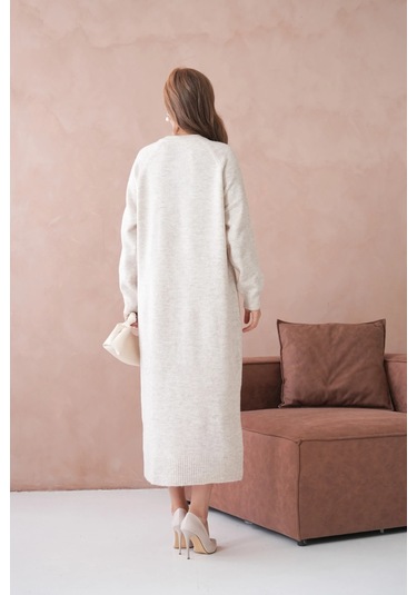 Kadın Bisiklet Yaka Yumuşak Dokulu Maksi Boy Şardonlu Oversize Triko Elbise 8324sw Taş