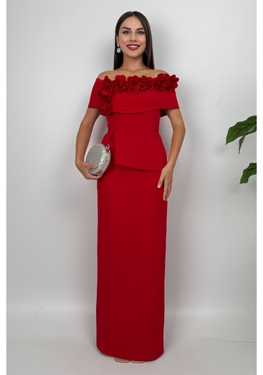 Vivenza Gül Detaylı Omuz Açık Kayık Yaka Uzun Kırmızı Abiye Elbise, Nişan Ve Davet Zarafeti Kırmızı