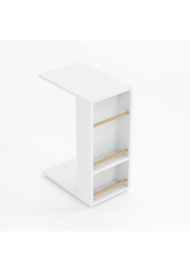 Tekerlekli Yan Sehpa Rulo Havlu Takılabilir Koltuk Sehpası C Sehpa Zigon Sehpa Beyaz