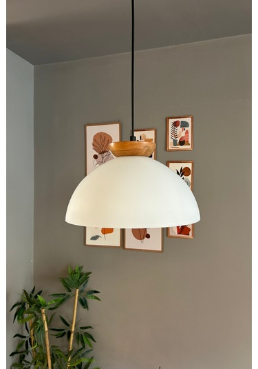 Perry Beyaz Cam Tekli Avize Ahşap Tabak Başlık Retro Sarkıt Lamba Restoran Salon Aydınlatma Beyaz