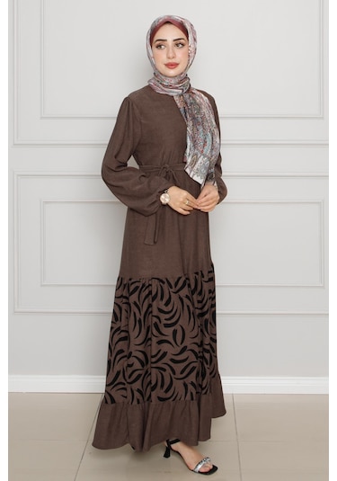 Eteği Desenli Karin Elbise-kahverengi-4271-kahverengi Kahverengi