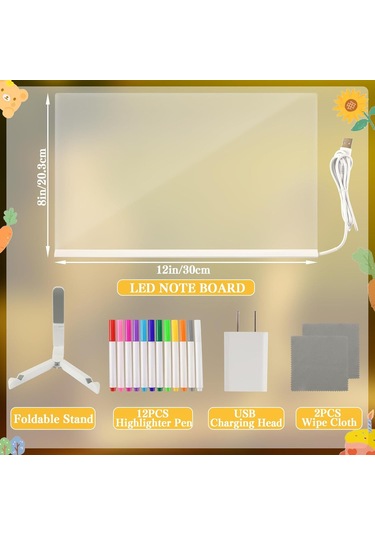 Hombey 30x20cm Büyük Led Işıklı Akrilik Tahta - 12 Renkli Kalem, Açı Ayarlanabilir Tripod, Silme Bezi Ve Şarj Aleti İle Yeniden Kullanılabilir Çizim Ve Not Alma Tablosu Beyaz