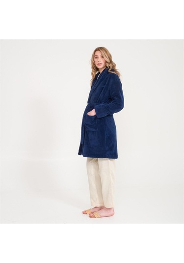 Kadın Welsoft Şal Yaka Polar Sabahlık Lacivert