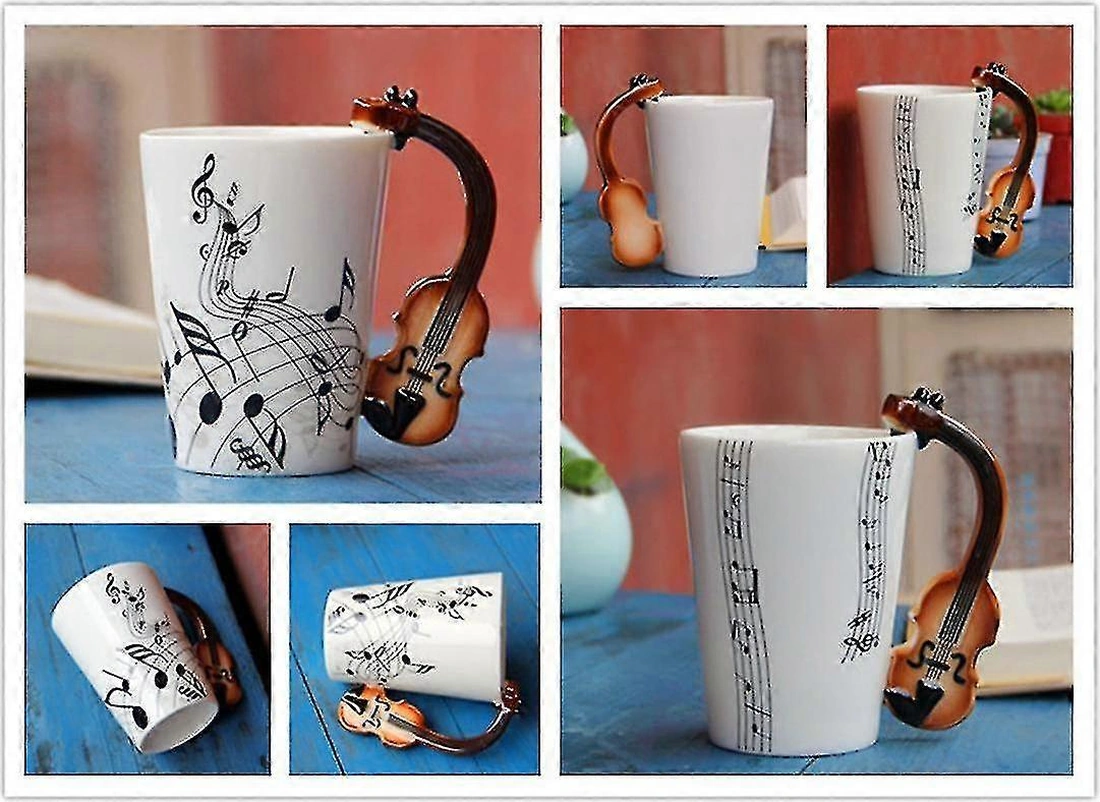 Yenilikçi Keman Saplı Seramik Kupa Ücretsiz Spektrum Kahve Süt Çay Fincanı Kişilikli Kupa Benzersiz Müzikal-zzy