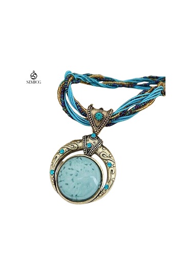 El Dokuması Bohem Pirinç Boncuklu Retro Etnik Tarzda Yuvarlak Değerli Taş Kolye Mavi
