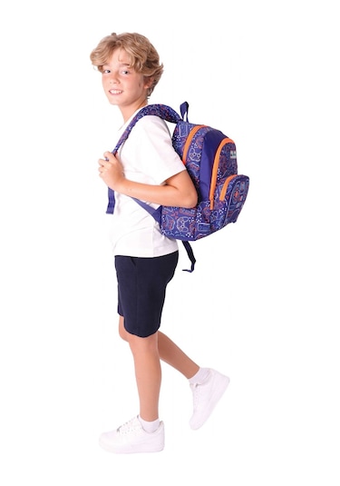 Kaukko Kids Üç Bölmeli Lacivert Turuncu - Oyun Desenli Erkek Çocuk Okul Ve Günlük Sırt Çantası - L5281 Lacivert - Turuncu