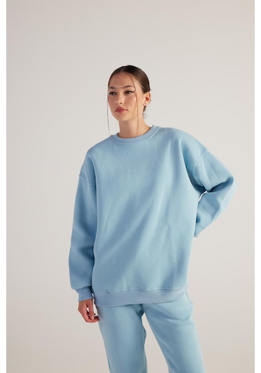 Holly Lolly Kadın Mavi Oversize Şardonlu Yazı Baskılı Fluffy Sweatshirt
