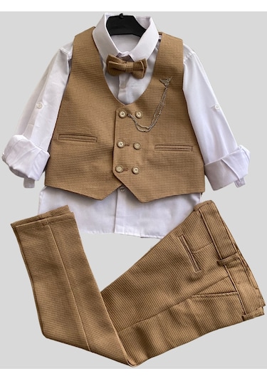 Matrix Yelekli Zincirli Erkek Çocuk Takım Elbise Camel