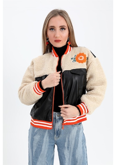 Beli Lastikli Nakışlı Derili Peluş Ceket Mont - Siyah-siyah Siyah