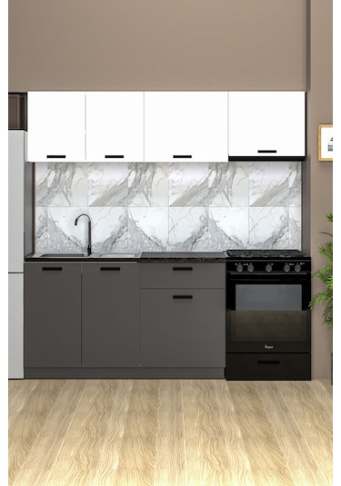 Antino 200 Cm Mutfak Dolabı, Hazır Mutfak Dolabı Tezgah + Çelik Evye Dahil Siyah