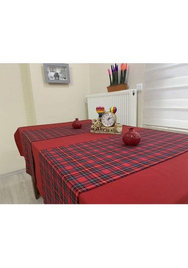 Kırmızı Renk Masa Örtüsü Yılbaşı Ekose Runner Seti