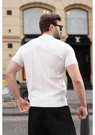 Beyaz Bisiklet Yaka Slim Fit Triko Erkek Tişört E7466