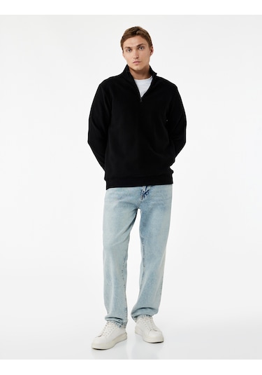 Koton Uzun Kollu Ribanalı Yarım Fermuarlı Sweatshirt Siyah 6wam70096mk Siyah
