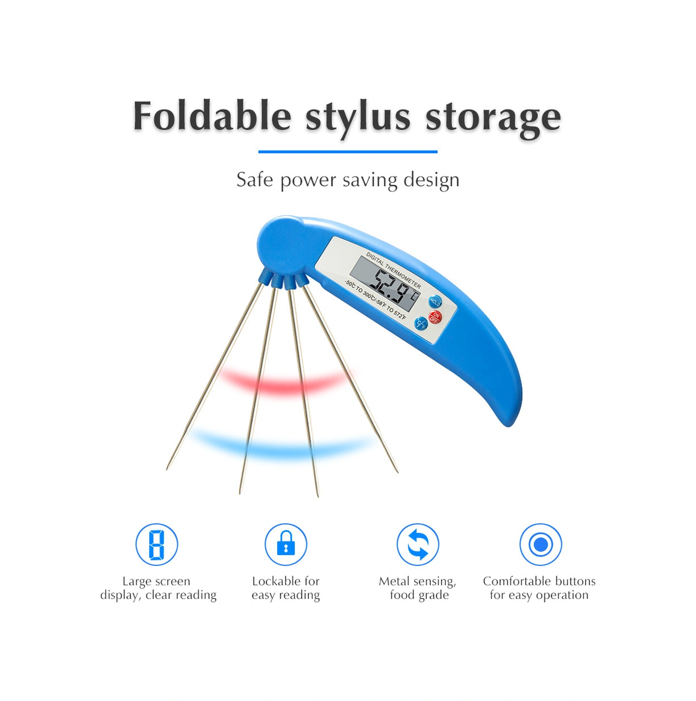 Youmex Katlanabilir Gıda Termometresi - Hızlı Ölçüm, Led Ekran, 304 Paslanmaz Çelik Sondaj, -50 C/+300 C Aralığı