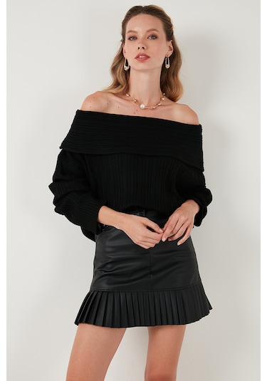 Lela Oversize Fit Madonna Yaka Triko Bayan Kazak 4615216 Siyah