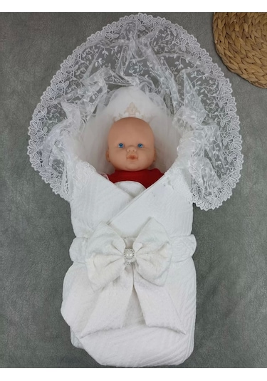 Yenidoğan Kumru Plazma Taçlı Lüks Kundak Bebek Battaniyesi Ekru Ekru