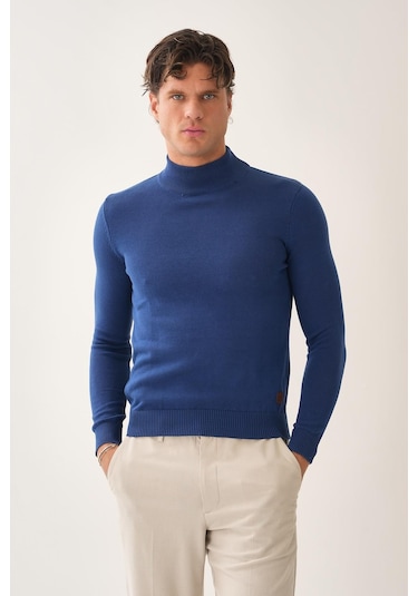 Yarım Boğazlı Triko Kazak Mavi