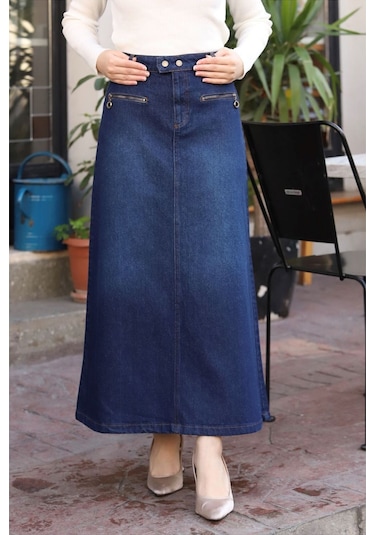 Beli Çıt Çıtlı Fermuar Cep Detaylı Kot Etek - 001