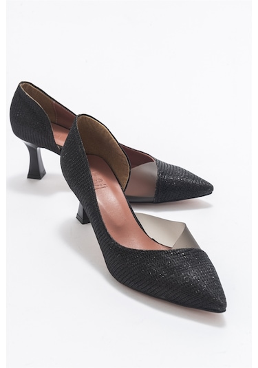Luvishoes 353 Siyah Simli Topuklu Kadın Ayakkabı Siyah Sim
