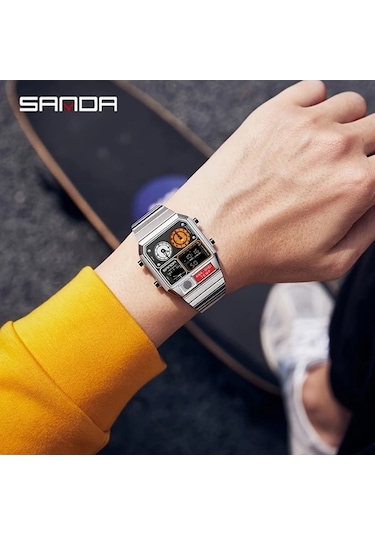 Fastbuy Gümüş Siyah A Erkek Digital Kol Saati - Kare Paslanmaz Çelik Bant Dual Ekran Altın Renk Altın