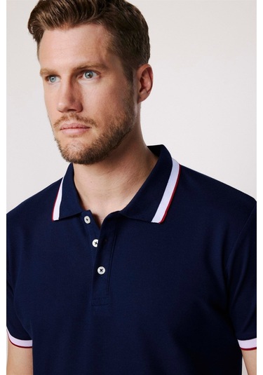 Erkek Slim Fit Dar Kesim %100 Pamuk Düz Pike Kol Şeritli Lacivert Polo Yaka Tişört-27689 Lacivert