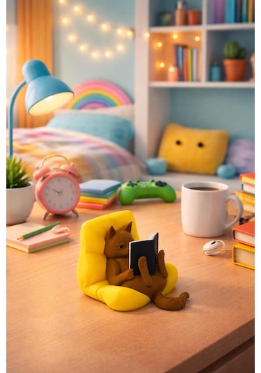 Kitap Okuyan Kedi Objesi Masaüstü Dekoru Ev Dekorasyonu Hediye Alternatifi 7x6cm